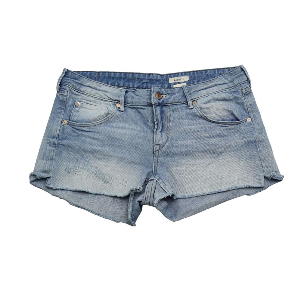 AND Shorts Womens 8 Blue Cut Off Low Rise Button Pocket Light Wash Denim Jorts